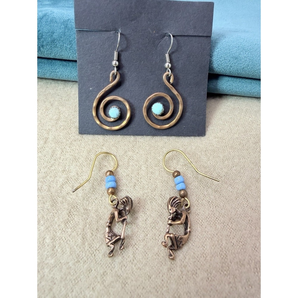 Copper Dangle Earrings - Kokopelli & Hammered Spiral Turquoise Boho Lot